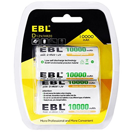 EBL D Cells Rechargeable Batteries Ni-MH 10,000mAh with Retail Package, 2 Packs