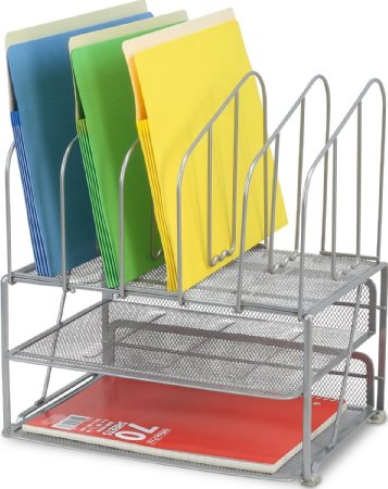 DecoBros Mesh Desk Organizer with Double Tray and 5 Upright Sections, Sliver