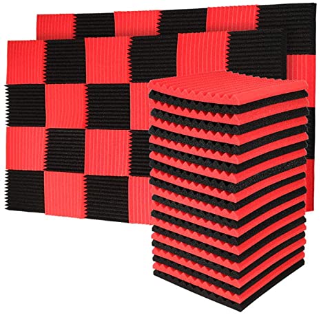 50 Pack Acoustic Panels Studio Foam Wedges 1" X 12" X 12"Sound-proofing,Sound Absorption (50PCS, Black&Red)
