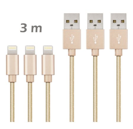 [Certified]Quntis 3 pcs 10ft/3m Nylon Braided Tangle-Free Micro USB Cable for iPhone 5 / 5s / 5c / 6 / 6 Plus/6s, iPod 7, iPad mini / mini 2/ mini 3, iPad Air / iPad Air 2- (Gold)