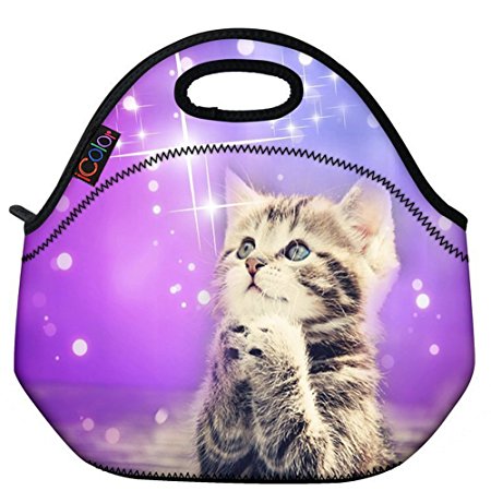 ICOLOR Cute Cat Girls Insulated Neoprene Lunch Bag Tote Handbag lunchbox Food Container Gourmet Tote Cooler warm Pouch For School work Office