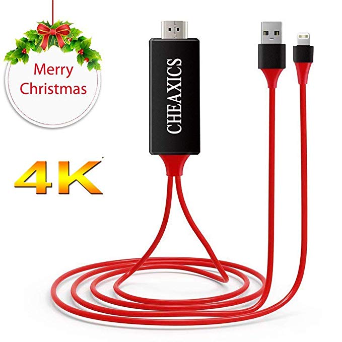 CHEAXICS Compatible with iPhone X 8 7 6 5 iPad iPod HDMI Cable, Digital AV Adapter, 2018 Latest Plug and Play 1080P Audio AV Connector (Red)