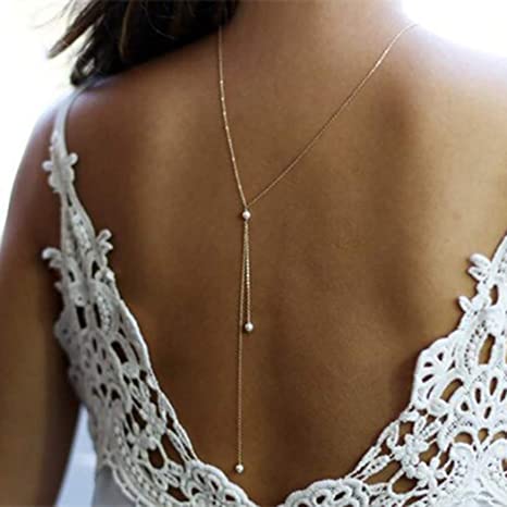 Fdesigner Pearls Body Necklaces Gold Back Drop Necklaces Chains Y Pendant Prom Backdrop Lariat Necklace Charm Wedding Jewelry for Women and Girls (Ⅳ)