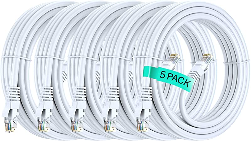Maximm Ethernet Cable, 15 Feet. White (5 Pack) Cat 6 High Speed LAN Network, Internet Cord LAN Cable, 15 ft ethernet Cable, Bare Copper Wire, UL