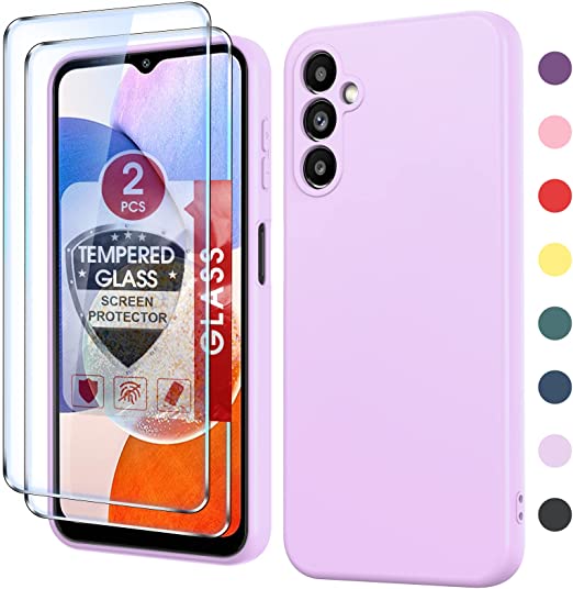 LeYi A14 5G Case, Galaxy A14 Case with 2 Pack Tempered Glass Screen Protector for Women Men, Liquid Silicone Slim Silky-Soft Protective Case Cover for Samsung Galaxy A14 5G, Purple