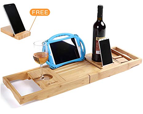 Utoplike Bathtub Caddy Tray Bath Caddy with 1 Sliding Box Phone&Wine&Book Holder, Mobile Phone Holder