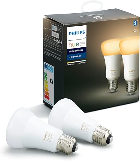 Philips Hue White Ambiance Smart Light Bulb 60W - 800 Lumen 2 Pack [E27 Edison Screw] with Bluetooth. Works with Alexa, Google Assistant and Apple Homekit.