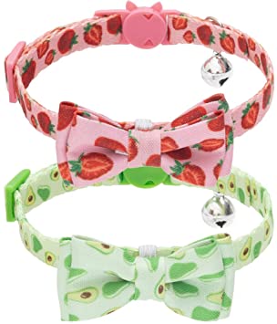 EXPAWLORER Breakaway Cat Collar with Bell - 2 Pack Bowtie Fruit Style Cat Collars Set - Strawberry & Avocado