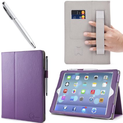 i-BLASON Apple iPad Air / iPad 5 Auto Wake / Sleep Smart Cover Leather Case (Elastic Hand Strap, Multi-Angle, Card Holder) With Bonus Stylus (Multi-Color to Choose From) 3 Year Warranty (Purple)