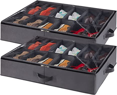 Lifewit Under Bed Shoe Storage Organizer Set of 2, Foldable Fabric Shoes Container Box with Clear Cover See Through Window Storage Bag with 2 Handles Total Fits 24 Pairs of Shoes, Grey