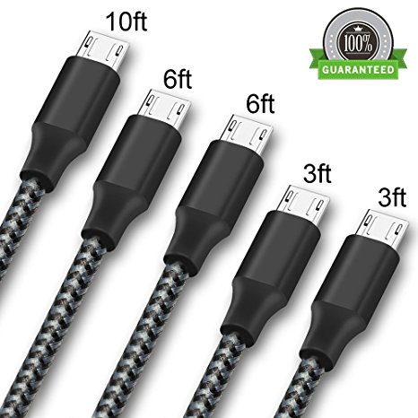 ONSON Micro USB Cable,5Pack 2x3FT 2x6FT 10FT Long Premium Nylon Braided Android Charger USB to Micro USB Charging Cable Samsung Charger Cord for Samsung Galaxy S7 Edge/S7/S6/S4/S3,Note 5/4- BlackWhite