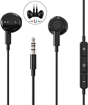 Aux Headphones,3.5mm Earphones Magnetic in-Ear Stereo Earbuds, with Microphone Noise Isolating Compatible with iPhone 6s/ 6 Plus/SE Pad/Pod 7,with All 3.5mm Interface Devices-Black