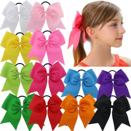 QingHan 12Pcs 7.5" Baby Girl Ponytail Holder Large Cheer Boutique Hair Bows Elastic Tie