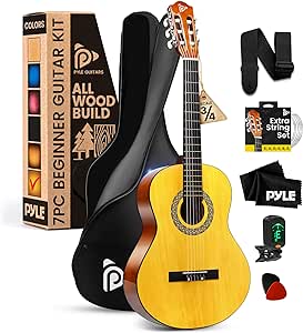 Pyle Beginner Acoustic Guitar Kit, 3/4 Junior Size All Wood Instrument for Kids, Adults, 36" Yellow