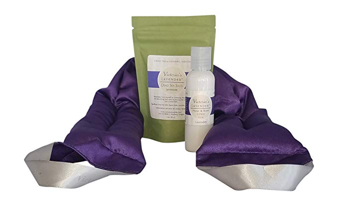 Victoria's Lavender NECK WRAP GIFT SET with LAVENDER BATH SALTS, LAVENDER LOTION Perfect for Aromatherapy gift for Relaxation and Good Night’s Sleep