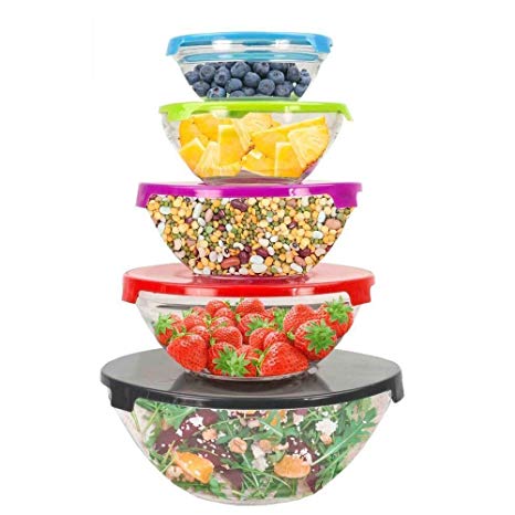 New Home Basics 10 Piece Glass Mixing and Storage Bowl Set with Colored Lids