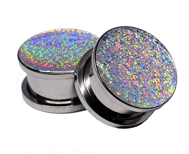 Screw on Plugs - Silver Holographic Glitter Plugs - Sold As a Pair