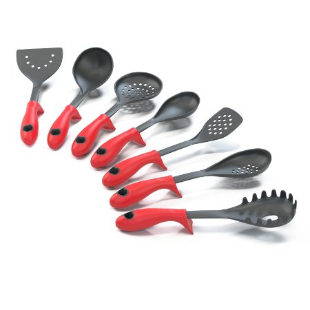 Kitchen Cooking Utensils with Built-in Stand, Red Set of 7, Plus 121 Cooking Secrets Ebook