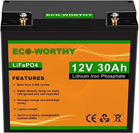 ECO-WORTHY 12V 30Ah LiFePO4 Lithium Iron Deep Cycle Rechargeable Battery with Built-in BMS, 3000  Life Cycles, Perfect for RV, Boat, Kids Scooters, Power Wheels, Tool Trailer,etc