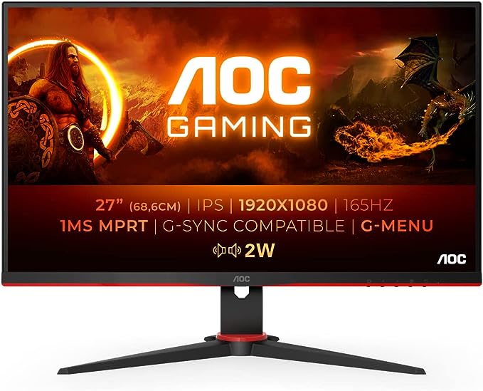 AOC Gaming 27G2SPAE - 27 Inch FHD Monitor, 165Hz, IPS, 1ms MPRT, AMD FreeSync Premium, Speakers, Shadow Control (1920 x 1080 @ 165Hz 250 cd/m², HDMI 1.4/DP 1.2), Black