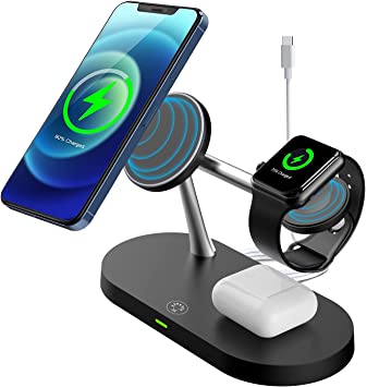 MoKo 5 in 1 Magnetic Wireless Charger Stand, 15W Qi Fast Charging Dock Station Holder LED Night Light Compatible with Magsafe iPhone 13/12 Pro Max Mini, Apple Watch SE/6/5/4/3/2, AirPods 3/2/Pro