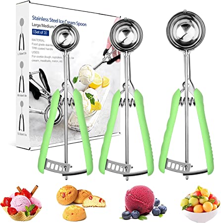 Cookie Scoop 3 Pcs Ice Cream Scoop, Tarnel With Trigger 18/8 Stainless Steel Ice Cream Scoop for Ice Cream Cookies Cake Batter Include Large-Medium-Small Size (Green)