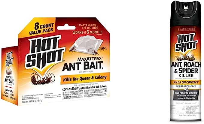 Hot Shot MaxAttrax Ant Bait Station, 8 Count with Hot Shot Ant, Roach and Spider Killer 17.5 Ounces, Unscented Aerosol Spray