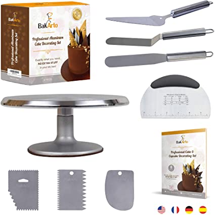Professional Cake Decorating Tools Set with Aluminum Alloy Revolving Cake Turntable, Offset & Angled Icing Spatulas, 3 Buttercream Side Smoother Scrapers Combs, Cake Shovel & Dough Pastry Cutter