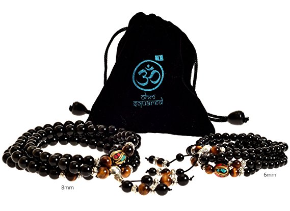 Mala Beads Tibetan Meditation Buddhist Genuine Black 108 Obsidian Healing Stones Tiger Eye Gemstone Wrist Bracelet / Bead Necklace - For Prayer, Yoga, Mantras, Reiki, Mudras, Energy Work