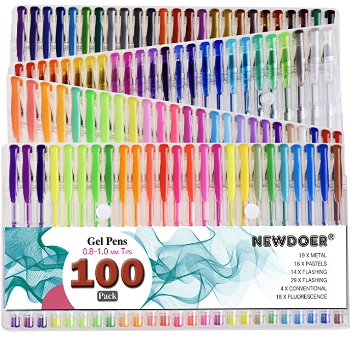 Newdoer 100 colors Gel Pens Super Multi-Pack Size - 60% Extra Ink.- For Adult Colouring Books,Draw,and Write - Best Gift Ideal for Christmas