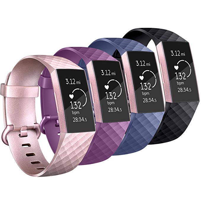 Vancle Pack 4 Silicone Bands Compatible with Fitbit Charge 3 Bands for Women Men, Rose Gold Silver Sport Wristbands for Fitbit Charge 3/Fitbit Charge 3 SE