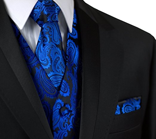 Italian Design, Men's Tuxedo Vest, Tie & Hankie Set in Royal Blue Paisley