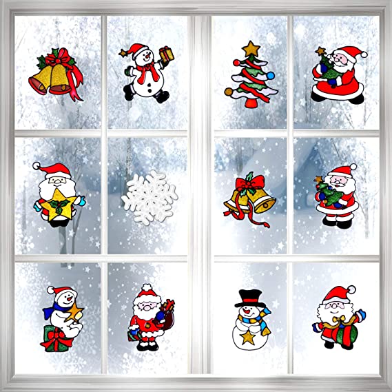 Boao 12 Pieces Christmas Window Stickers Clings Wall Decal for Christmas Decoration, 12 Styles