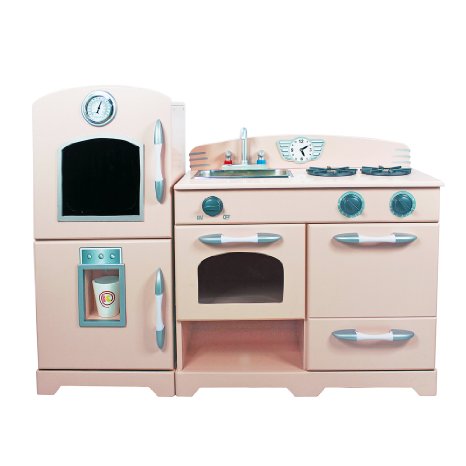 Teamson Kids - Retro Wooden Play Kitchen with Refrigerator, Freezer, Oven and Dishwasher - Pink (2 Pieces)