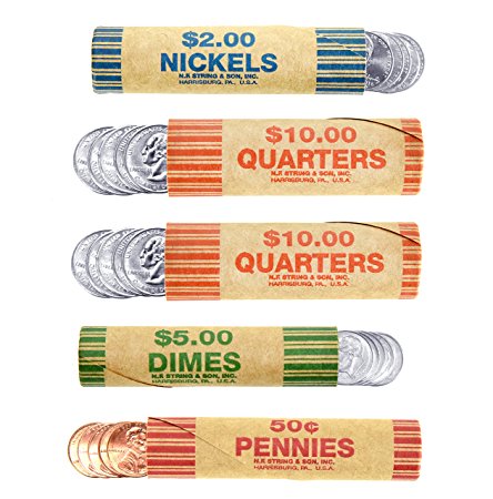 250 Coin Wrappers Made In USA - Preformed Paper Tubes - Assorted Sizes - 100 Quarters, 50 Pennies, 50 Nickels and 50 Dimes