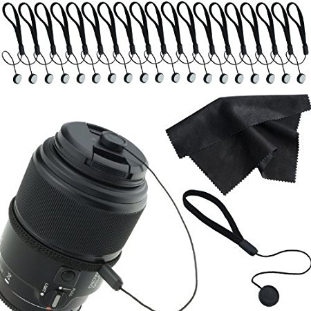 CamKix Lens Cap Keeper Bundle for any SLR or DSLR Camera - including 20 Lens Cap Holders - 2 Microfiber Cleaning Cloths - Great Accessories for Photographers