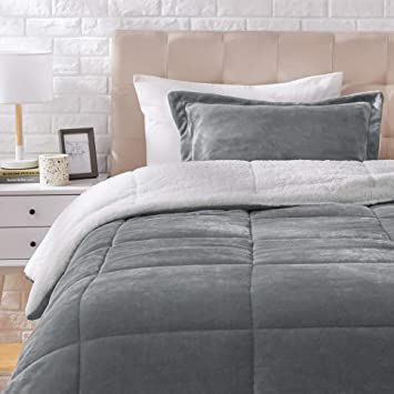 AmazonBasics Micromink Sherpa Comforter Set - Twin, Charcoal - with Pillow Cover