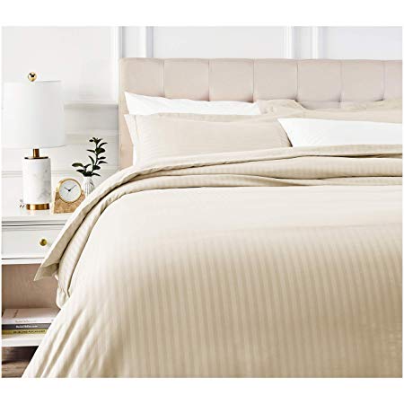 AmazonBasics Deluxe Striped Microfiber Duvet Cover Set - Full or Queen, Beige