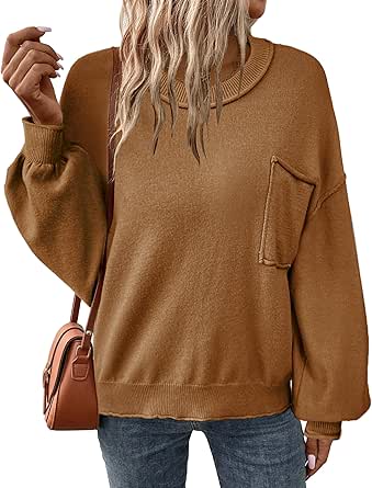 Zeagoo Womens Oversized Sweaters 2024 Fall Fashion Lantern Sleeve Crewneck Knit Pullover Sweater Tops with Pocket