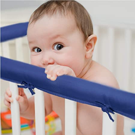 EXQ Home 3-Piece Baby Crib Rail Cover Set for 1 Front Rail and 2 Side Rails,Safe Kids Padded Crib Rail Protector from Chewing for Standard Cribs,Soft Batting Inner for Baby Teething Guard(Navy Blue)