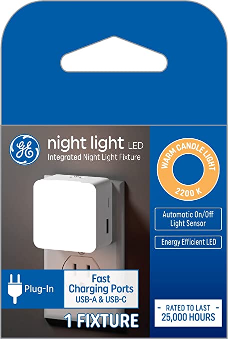 GE LED Night Light with Dual USB Ports, Automatic On/Off Light Sensor, Warm Candlelight