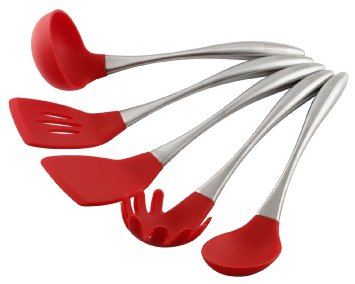 Essential Home & Kitchen Stainless Steel Silicone Kitchen Utensils Cooking Set, Perfect for use with any Cookware (Teflon and Ceramic), Silicone Ended (Red)