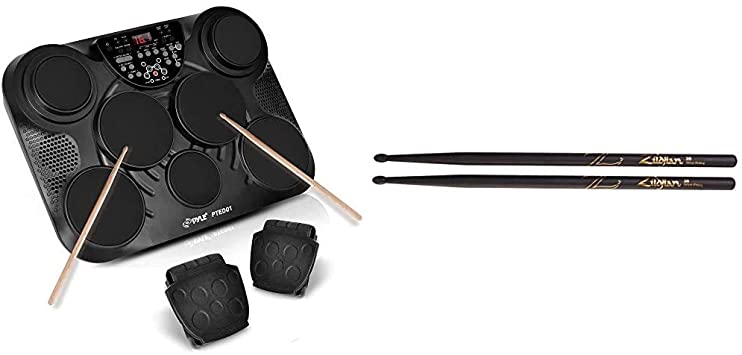 Pyle Portable Drums, Tabletop Drum Set, 7 Pad Digital Drum Kit, Touch Sensitivity, Wireless Electric Drums, Drum Machine & Zildjian 5B Nylon Black Drumsticks