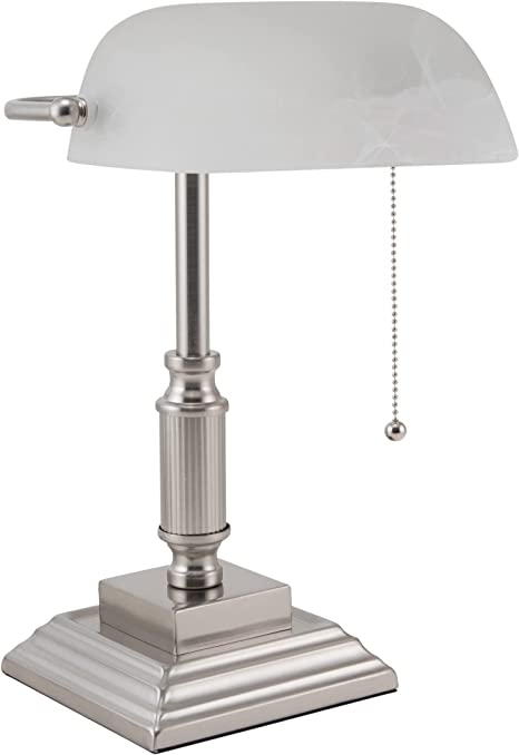 V-LIGHT White Shade Banker's Lamp with Replaceable LED Bulbs, Brushed Nickel Finish (8VS688029BN)