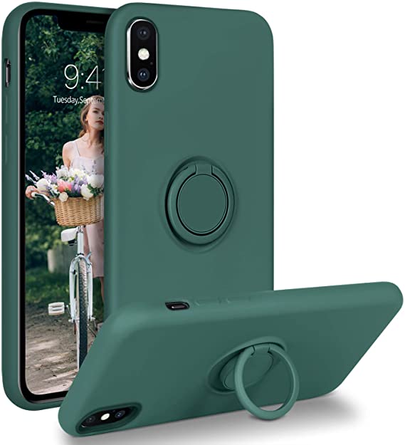 iPhone Xs Case, iPhone X Case, DUEDUE Liquid Silicone Soft Gel Rubber Slim Cover with Ring Kickstand|Car Mount Function,Shockproof Full Body Protective Anti Scratch Case for iPhone X/Xs for Wome Men, Pine Green