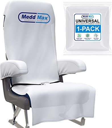Medd Max Protective Airplane Seat Covers Disposable/Reusable and Armrest Covers – Eco-Friendly Disposable Seat Covers for Airplane, Train, Bus, Ride-Share Car, Fit Most Public Seating, White