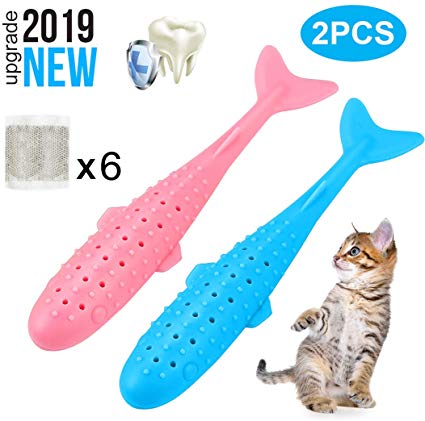 【2019 New】 Pet Cat Catnip Toothbrush Toy, Bite Resistant Silicone Simulated Fish Shape Cat Interactive Toy, Silicone Catnip Molar Teeth Cleaning Chew Stick for Kitten Cats or Cat-2Pack