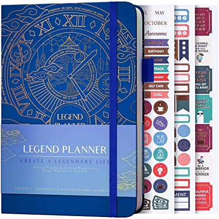Legend Planner - Deluxe Weekly & Monthly Life Planner to Hit Your Goals & Live Happier. Organizer Notebook & Productivity Journal. A5 Hardcover, Undated - Start Any Time   Stickers - Royal Blue