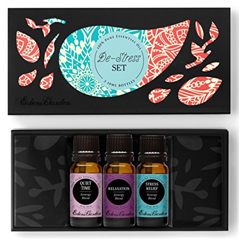 De-Stress Essential Oil Set- 100% Pure Therapeutic Grade Aromatherapy Oils- 3/ 10 ml of Quiet Time, Relaxation, Stress Relief Blends by Edens Garden