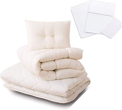 EMOOR 6piece Futon Set (Comforter, Mattress, Pillow, Comforter Cover, Fitted Sheet, and Pillowcase), Twin, White, Made in Japan